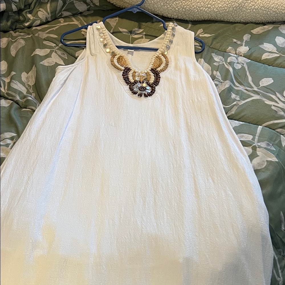 Susan Graver White Asymmetrical Dress with Beaded Neckline